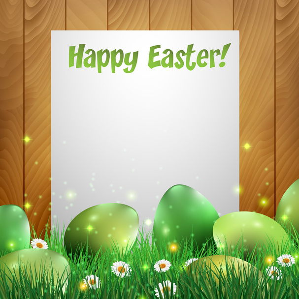 Green Easter eggs with a wooden background and white paper - Vector, Imagen