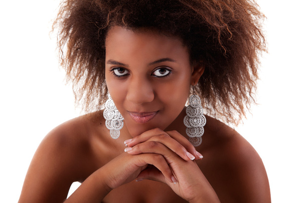 Beautiful black woman, smiling, isolated on white background. Studio shot - Fotó, kép