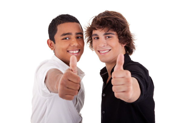 Two young man of different colors, with thumb up, isolated on white, studio shot - Fotografie, Obrázek