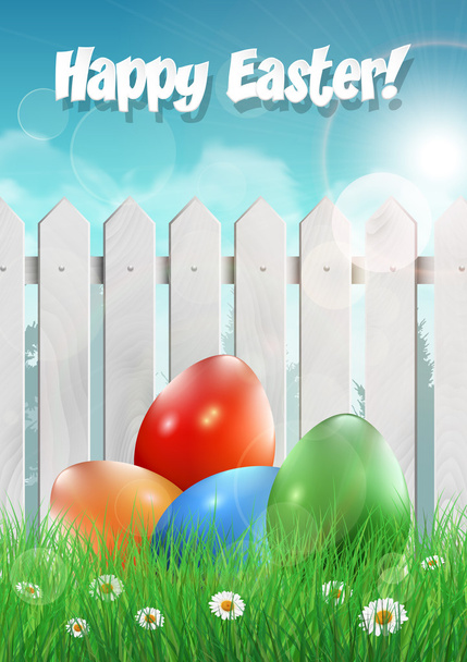 Carte de Pâques avec œufs de Pâques et clôture en bois blanc
 - Vecteur, image