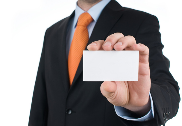 Homme d'affaires montrant carte de visite vierge isolé sur blanc
 - Photo, image