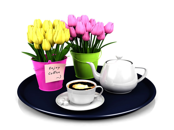Кофе с декоративными цветами в круглой тарелке
 - Фото, изображение