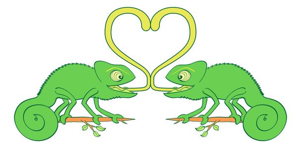 Un par de divertidos camaleones verdes con ojos saltones y colas rizadas que parecen sorprendidos, sonrientes, mirando a cada uno y sacando la lengua para formar un gran corazón mientras se enamoran.
 - Vector, imagen