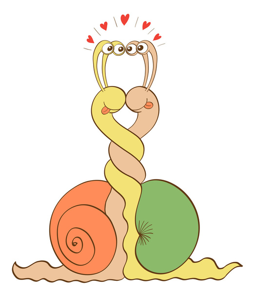 Escargots enthousiastes dans une rencontre amoureuse, souriant, se tenant la langue, se fixant les uns les autres et entrelacant leur corps tout en prenant une position verticale et montrant beaucoup de cœurs rouges
 - Vecteur, image
