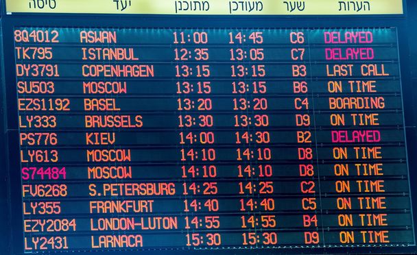 Flight information board in Ben Gurion international airport .  Terminal 3 - Photo, Image