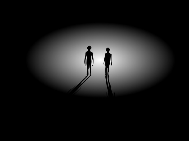 Duas silhuetas alienígenas andando da luz
 - Foto, Imagem