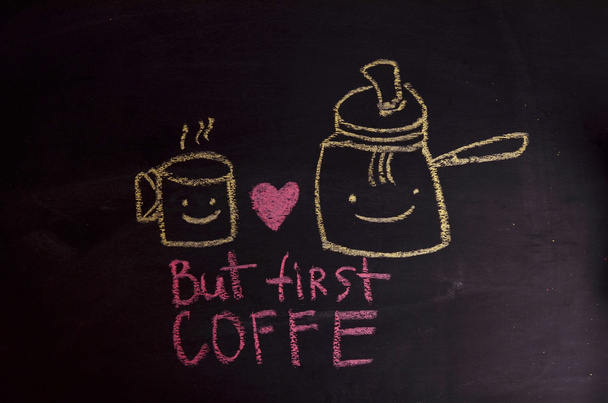 Overhead view of a fresh cup of coffee and a flaky croissant on an old school slate over a rustic wooden background,With text menu on blackboard - Photo, Image