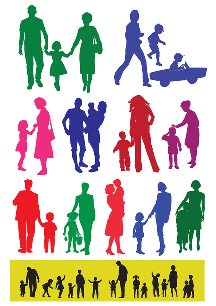 Silhouetten van ouders met kinderen - Vector, afbeelding
