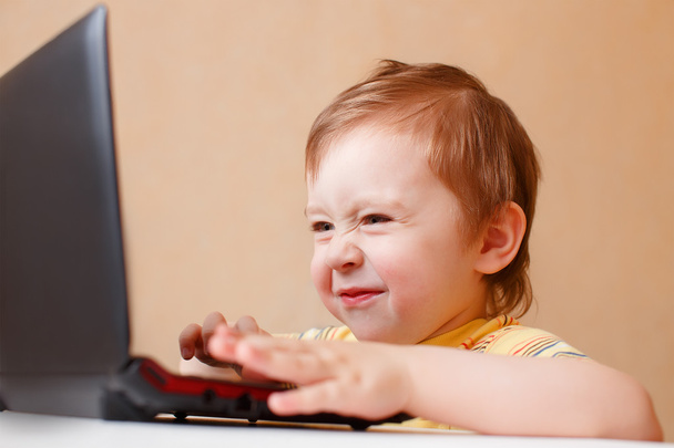 pequeño chico inteligente navegar por Internet en el ordenador portátil
 - Foto, Imagen