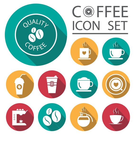 Flat Long Shadow Coffee Icons with White Background - Wektor, obraz