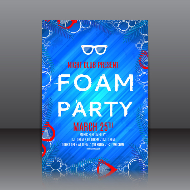 Foam party flyer with palm tree twigs - Διάνυσμα, εικόνα