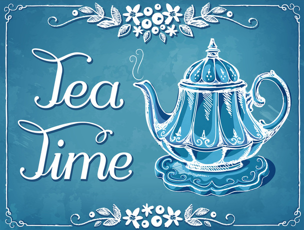 Retro-Illustration Tea Time mit Teekanne und floralem Rahmen - Vektor, Bild