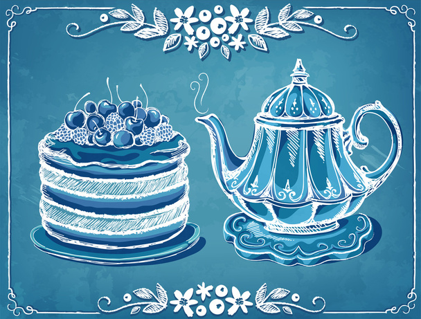 Ρετρό εικονογράφηση Tea Time με τσαγιέρα και μούρο κέικ. Floral καρέ - Διάνυσμα, εικόνα