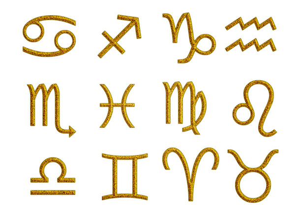 Złoty brokat znaki star - znak zodiaku, białe tło - Zdjęcie, obraz