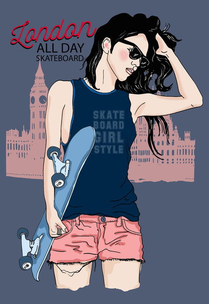 Cute girl with skateboard - Vector, Image