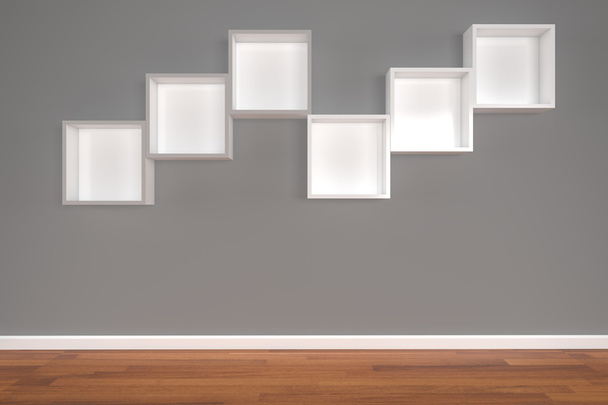 Коробочные полки на серой стене
 - Фото, изображение