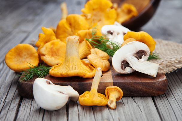 Funghi di finferli freschi e champignons
 - Foto, immagini