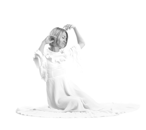 Beautiful woman in white dress on white - Foto, Imagem