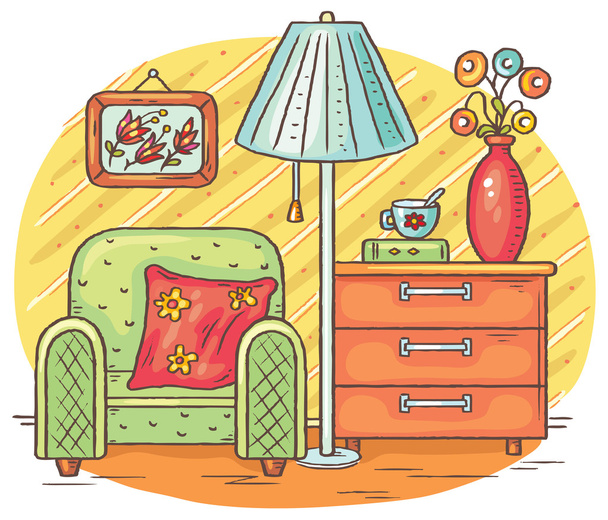 Рисунок интерьера с креслом, лампой и комодом
 - Вектор,изображение