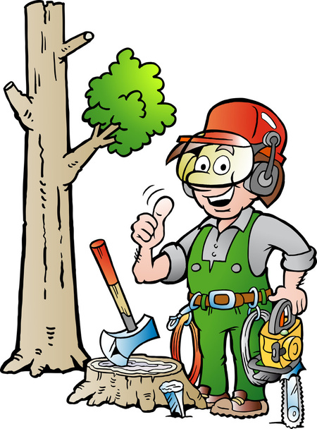 Kreslené vektorové ilustrace Happy práci dřevorubce nebo dřevorubec dává palec nahoru - Vektor, obrázek