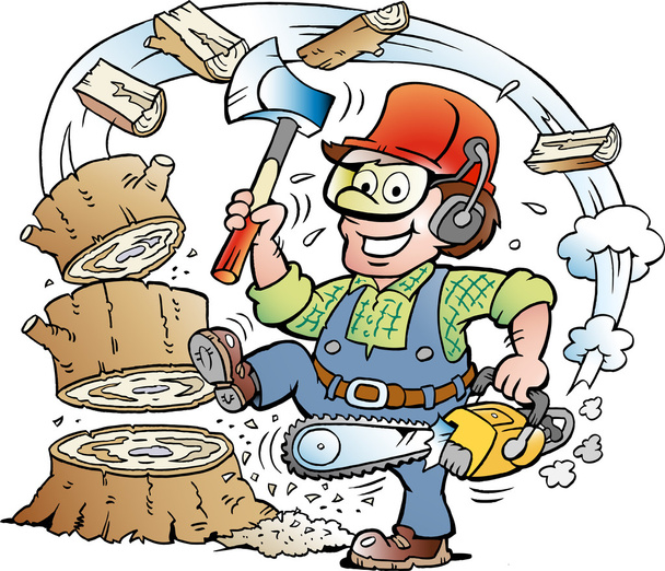Vector Cartoon afbeelding van een gelukkig werken Lumberjack of houthakker die chrop hout - Vector, afbeelding