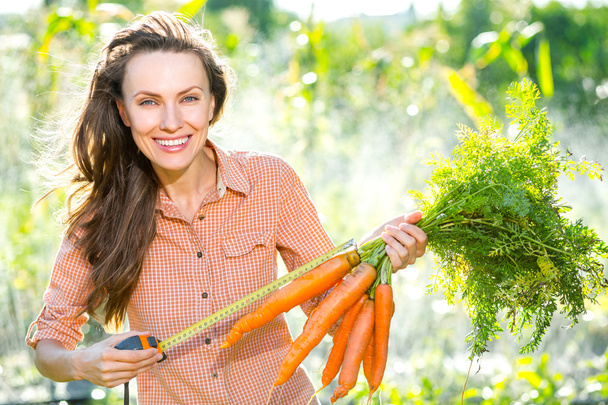 Gardening - Beautiful gardener with carrots - Fotoğraf, Görsel