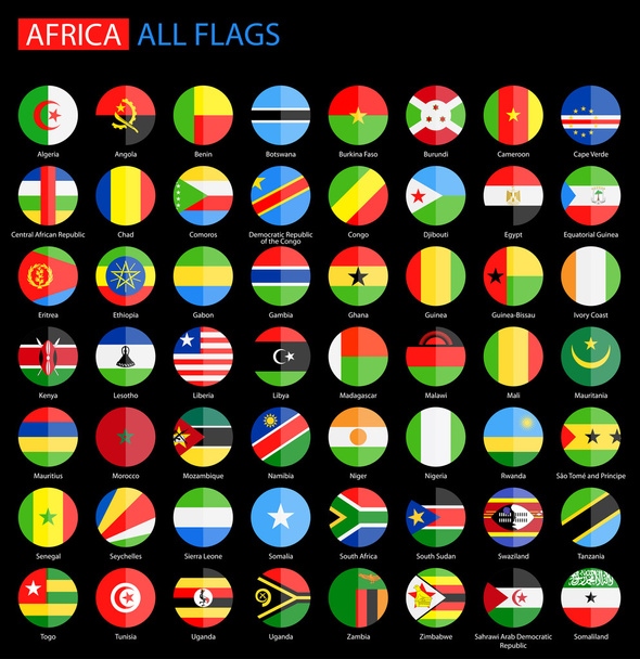 Płaskie okrągłe flagi z Afryki na czarnym tle - pełna wektor zbiory. - Wektor, obraz
