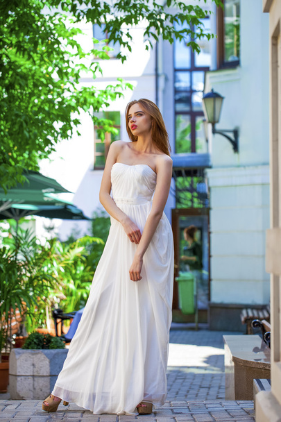 Full length portrait of beautiful model woman in white dress  - Фото, изображение