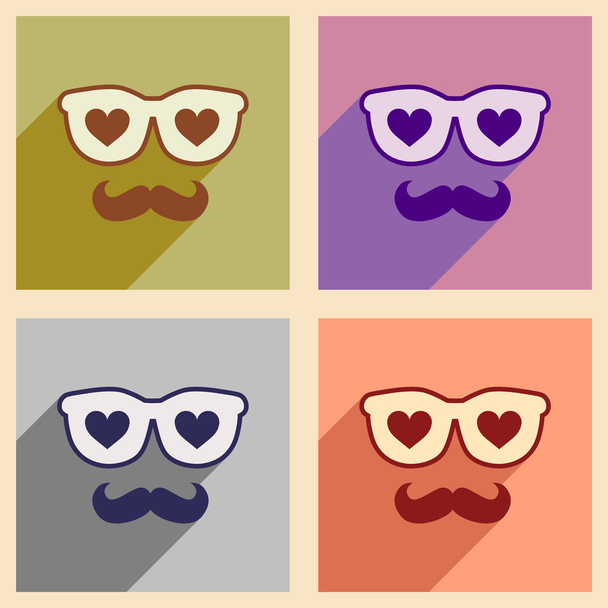 Set flacher Web-Symbole mit langem Schatten-Brille Schnurrbart - Vektor, Bild