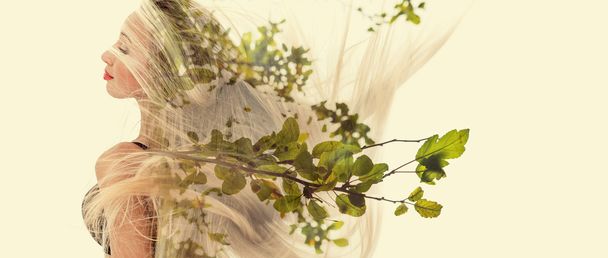 Double exposure of happy girl dancing and green leaves - Foto, Imagem
