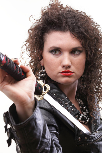 Curly woman curly girl and sword - Foto, imagen