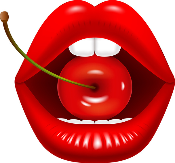 Ilustracja kreskówka kobiece usta czerwone wiśnie - Wektor, obraz