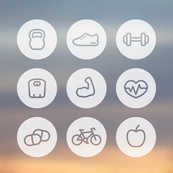Fitness thick line icons, healthy lifestyle round linear icons, training, workout, biceps, vector illustration - Διάνυσμα, εικόνα