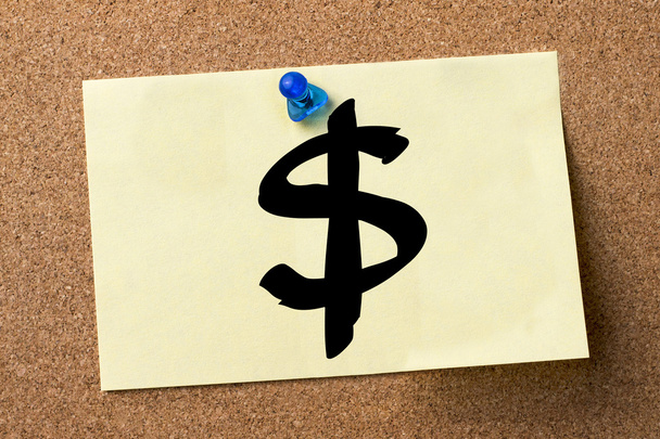 Знак доллара - клейкая этикетка, прикрепленная на доске объявлений
 - Фото, изображение