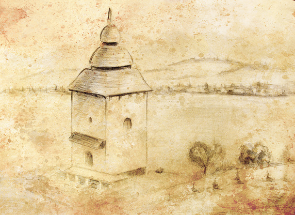 Sketch kaplnka  in nature. Architectural pencil sketch. - Photo, Image