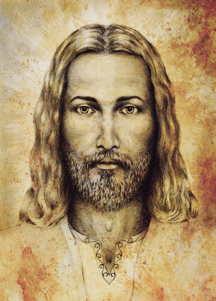 pencils drawing of Jesus on vintage paper. with ornament on clothing. Old sepia structure paper. Eye contact. Spiritual concept. - Photo, Image