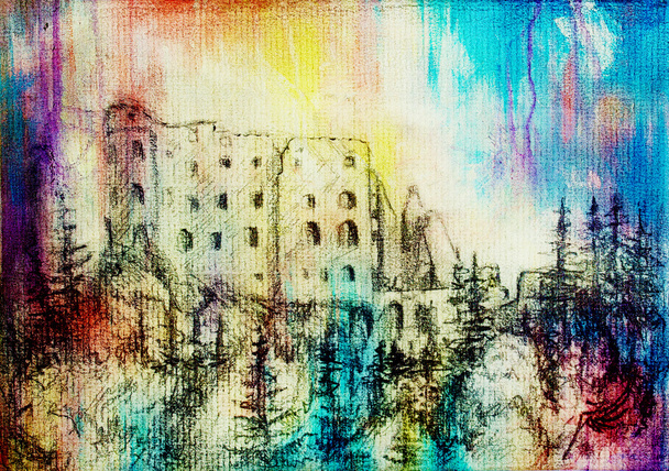 μεσαίο κάστρο με βάση την παλιά χαρτιού και χρώματος κηλίδες. - Φωτογραφία, εικόνα