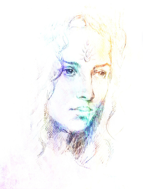 Ritratto di disegno Giovane donna con ornamento sul viso, pittura a colori su sfondo astratto, collage di computer
. - Foto, immagini