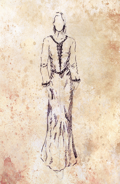 sketch of mystical woman  in beautiful ornamental dress  inspired by middle age desig. - Foto, afbeelding