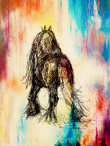 Draw pencil horse on old paper, vintage paper and old structure with color spots. - Photo, Image