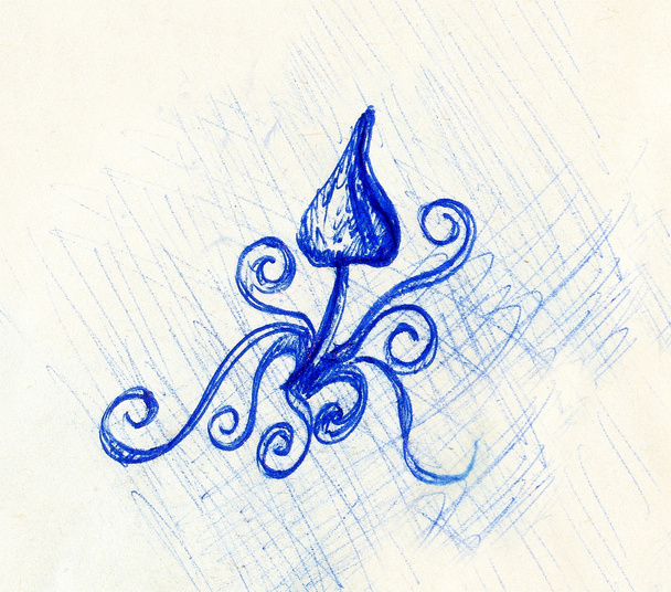 Рисунок пера на старой бумаге и орнаменте, эскиз психоделического гриба
. - Фото, изображение