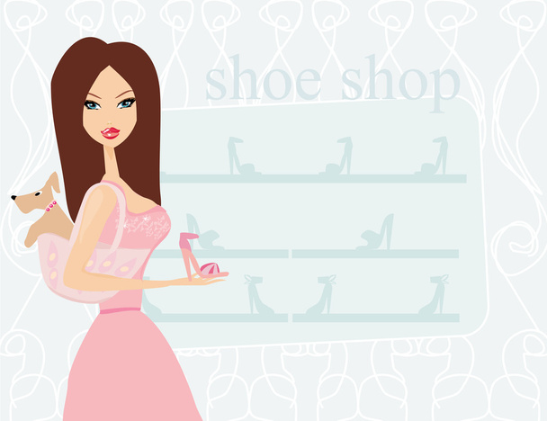 Fashion girl shopping in shoe shop - Vektor, kép