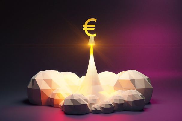 Euro sign off from spaceport, polygonal style concept - Фото, изображение