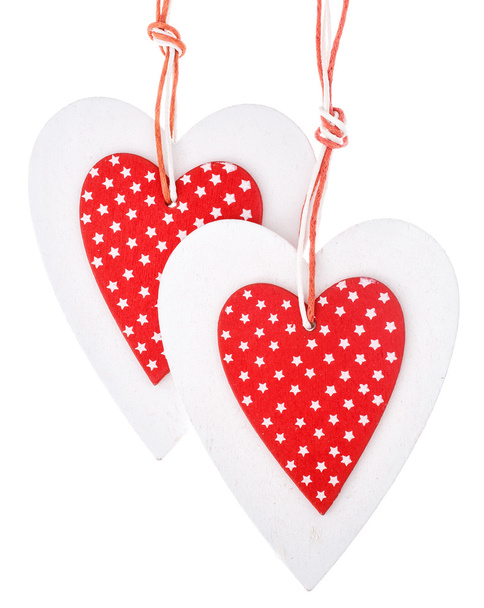Fehér és vörös varrta karácsonyi szívét, fehér háttér, üdvözlet Valentin-nap - Fotó, kép