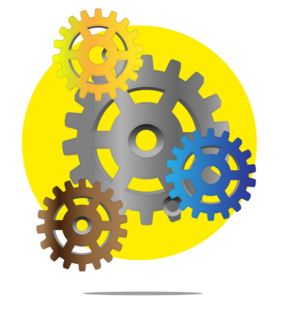 Εικονογράφηση του gears πολύχρωμα με φόντο κίτρινο κύκλο - Διάνυσμα, εικόνα