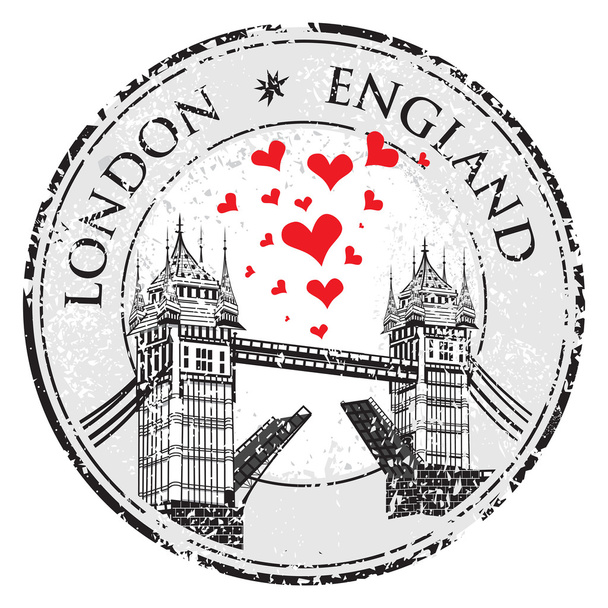 Tower Bridge grunge stamp with hearts, vector illustration , London vector hand drawn illustration - Vector, Image