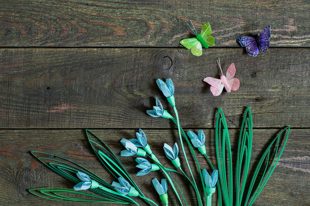 Background with snowdrops in the technique of quilling  - Photo, Image