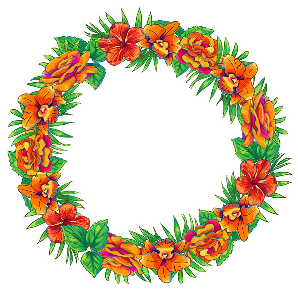 Vector Love round frame with orchid, hibiscus and rose flowers o - Vettoriali, immagini