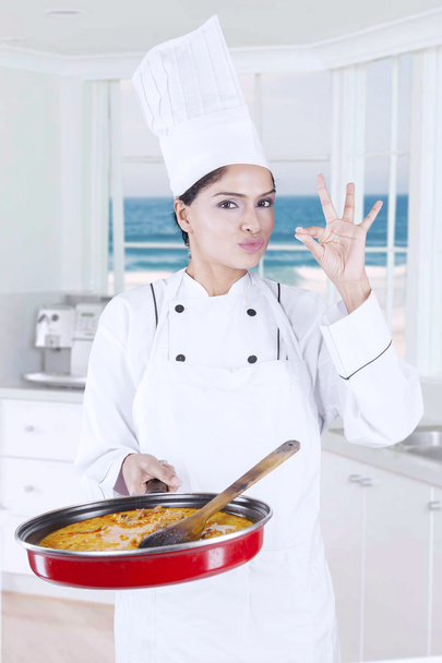 Female Chef Showing OK Sign - Foto, immagini