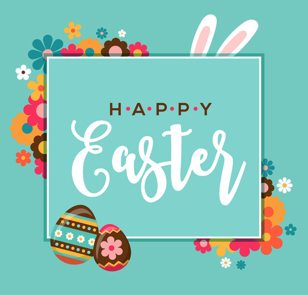 Colorful Happy Easter greeting card with rabbit, bunny, eggs and banners - Vector, Image